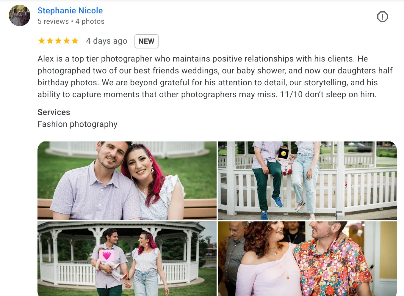 Five-star Google review from family photography client Stephanie praising her Crane Park family session by Alex Kaplan