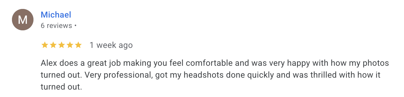 Five star Google review from Michael praising Alex Kaplan for professional and comfortable headshot experience in NJ