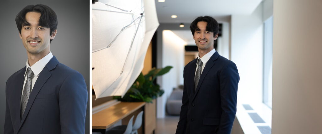Traditional corporate headshot and wider branding portrait of the same professional from one session in Northern NJ