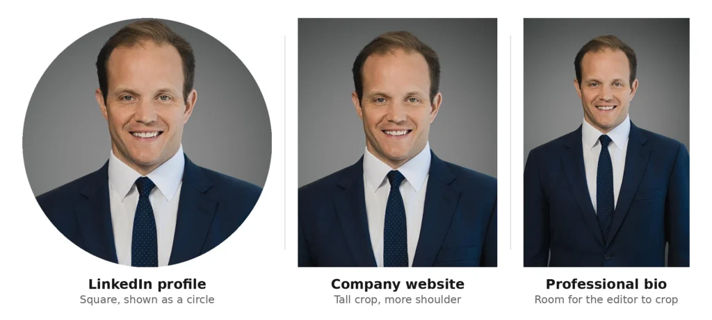 Same professional headshot cropped three ways for LinkedIn, a company website, and a professional bio