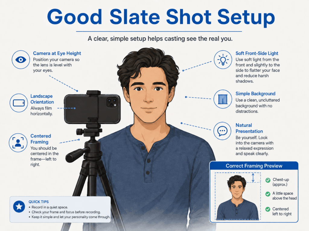 Educational infographic showing camera height, landscape framing, lighting and background for a Slate Shot